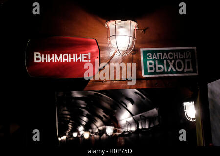 Warning signs at the underground tunnel in the Tagansky Protected Command Point, also known as bunker-42 a once-secret military complex, bunker, and Spare Long-Range Aviation Command Post located 65 meters below the streets of Moscow, the actual formerly secret location where military Soviet leaders could retreat in the event of an atomic attack on Russia. central Moscow Russia Stock Photo