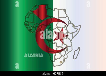 Algeria outline inset into a map of Africa over a Algeria flag background Stock Vector
