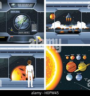 Digital vector silver cosmos ship icons set with solar system, shuttle dashboard, cosmonaut, rocket launch and empty space over  Stock Vector
