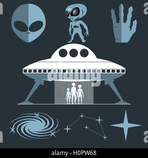 Digital vector silver and white cosmic ufo alien icon set with space ship, stars and galaxy over dark background, flat style. Stock Vector
