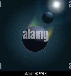 Digital vector planet earth icon with moon and sun eclipse, over stelar background, flat style. Stock Vector