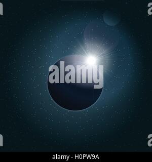 Digital vector planet earth icon with eclipse, over stelar background, flat style. Stock Vector