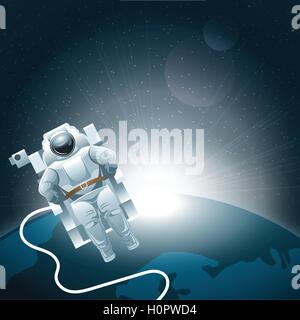 Digital vector planet earth icon with white light and an astronaut moving in space, over stelar background, flat style. Stock Vector