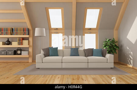 Modern Living room in the attic with contemporary sofa and windows - 3d rendering Stock Photo