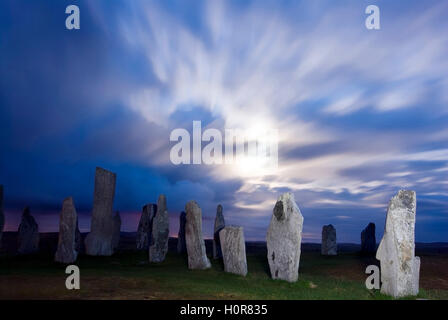 PICTURE CREDIT DOUG BLANE Callanish Stone Circle at night during full moon Isle of Lewis Outer Hebrides Western Isles Scotland U Stock Photo