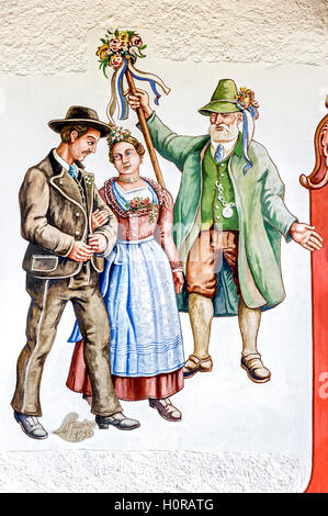 Bavarian Lüftlmalerei, rural scene of a wedding, old townhall, Bayrischzell, Upper Bavaria, Bavaria, Germany Stock Photo