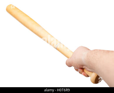 arm with wooden baseball bat isolated on white background Stock Photo