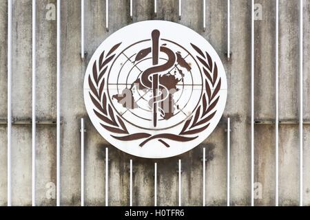 The World Health Organization logo on a wall Stock Photo