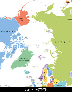 Arctic region single states and North Pole political map. Nations in different colors, with national borders and country names. Stock Photo