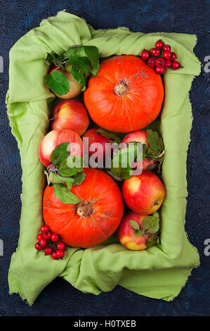 Apples and pumpkins on a green towel top view Stock Photo