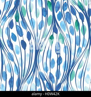 Seamless linear waves pattern with watercolor drops Stock Vector