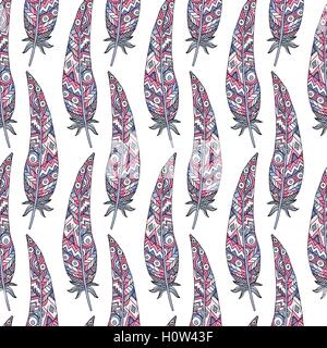 Seamless pattern made of boho feathers on white background Stock Vector