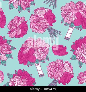 Seamless pattern made of peony bouquets on teal blue background Stock Vector