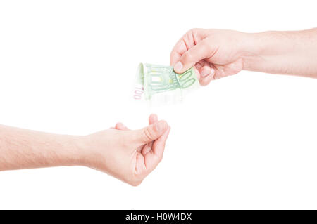 Man hand in closeup asking for more money as bribey demand concept on white background Stock Photo