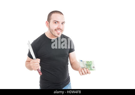 Crazy male with sharp knife and money as hitman concept isolated on white background Stock Photo