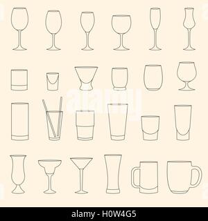 Set of linear drinkware on beige background Stock Vector