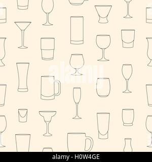 Seamless pattern made of linear drinkware on beige background Stock Vector