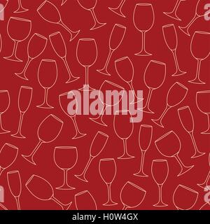 Seamless pattern made of linear wine glasses on red background Stock Vector