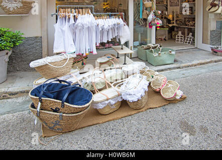 Fashion store display on Saturday market day in Santanyi, Mallorca, Balearic islands, Spain on April 30, 2016. Stock Photo