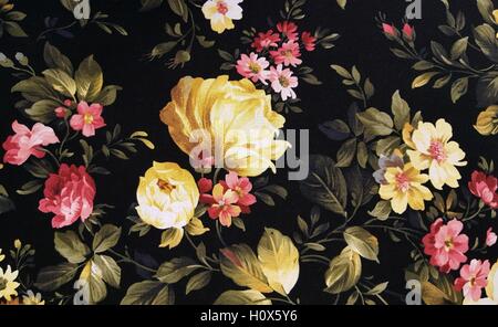 yellow peony and pink rose design on black for fabric background Stock Photo