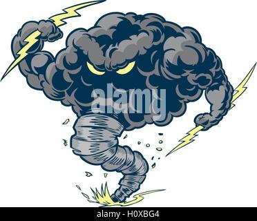 Vector cartoon clip art illustration of a tough thundercloud or storm cloud mascot with lightning bolts and a tornado funnel. Stock Vector