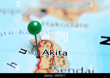 Akita pinned on a map of Japan Stock Photo