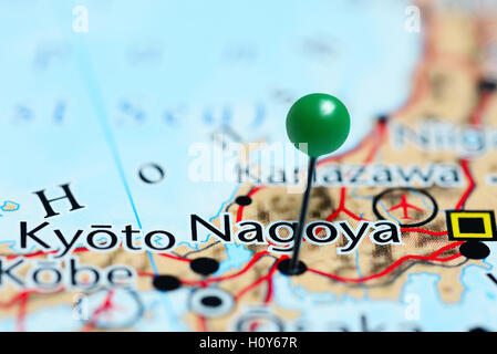 Nagoya pinned on a map of Japan Stock Photo