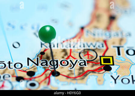 Nagoya pinned on a map of Japan Stock Photo