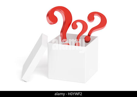 Open box with questions, 3D rendering isolated on white background Stock Photo