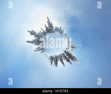 Little planet panorama on Zelenaya mountain in Sherehesh resort. Siberia, Russia Stock Photo
