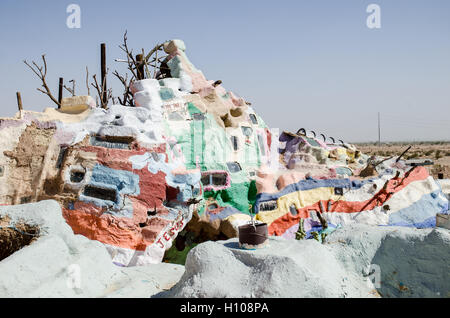 Salvation Mountain in Colorado desert, next to Slab city, close to Salton Sea. Painted with Christian sayings and Bible verses. Stock Photo