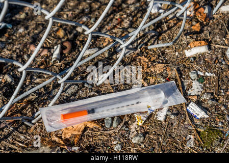 Discarded hypodermic needle, Vancouver, British Columbia, Canada, Stock Photo