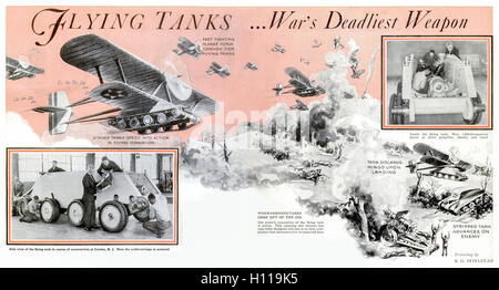 “Flying Tanks ...War’s Deadliest Weapon” from ‘Popular Science Monthly’ Volume 121 July 1932. Illustration by B.G. Seielstad  (1886-1960). Stock Photo