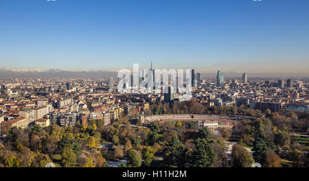 Skyline of Milan from Branca tower, with the Alps in the background. Stock Photo