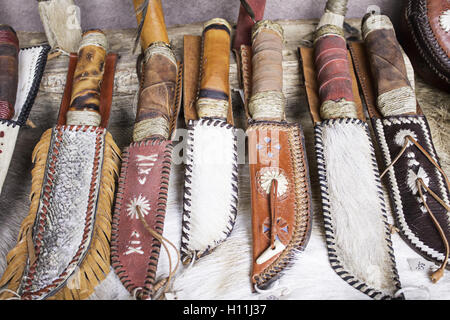 Knives with leather sheath medieval market, weapons Stock Photo