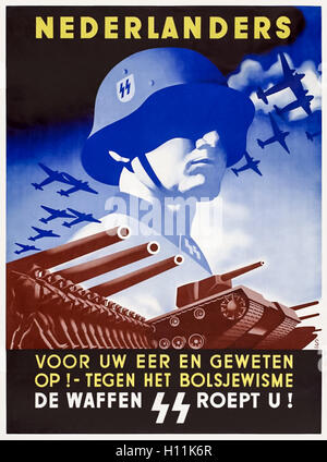 'Nederlanders Voor Uw Eer En Geweten Op! - Tegen het Bolsjewisme' (Netherlanders: For Your Honour and Conscience On! Against Bolshevism) 1943 Nazi German Propaganda recruitment poster for the SS Panzergrenadier Division Nederland comprising of volunteers from the Netherlands. Stock Photo