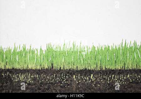 Grass growing in earth painted on wall decor Stock Photo