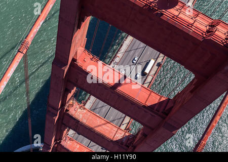 Aerial view of Golden Gate Bridge tower above San Francisco Bay. Stock Photo