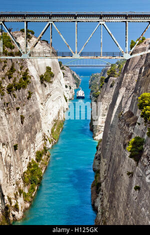 Ship cross The Corinth Canal Stock Photo