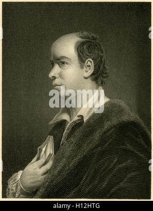 Antique c1860 engraving, Oliver Goldsmith. Oliver Goldsmith (1728-1774) was an Irish novelist, playwright and poet, who is best known for his novel The Vicar of Wakefield (1766), his pastoral poem The Deserted Village (1770), and his plays The Good-Natur'd Man (1768) and She Stoops to Conquer (1771). SOURCE: ORIGINAL ENGRAVING. Stock Photo