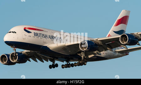 British Airways Airbus A380 (A380-800) G-XLEA superjumbo jetliner on final approach for landing Stock Photo