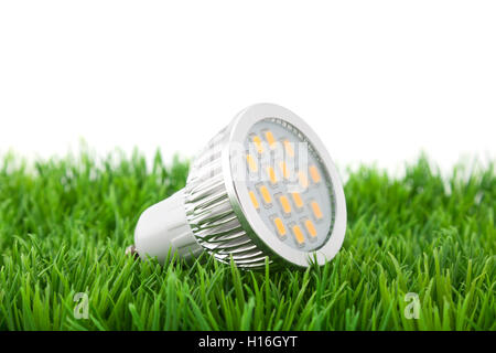 Led light bulb on green grass Stock Photo