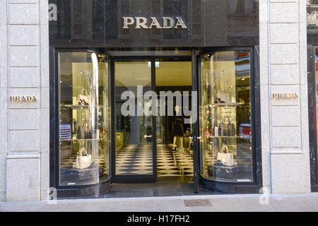 Lugano, Switzerland - 25 august 2016: showcases of Prada fashion clothes store at Lugano on Switzerland Stock Photo