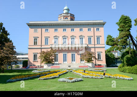 Lugano, Switzerland - 25 august 2016: people walking in front of the villa on Ciani botanical park in the center of Lugano, Swit Stock Photo