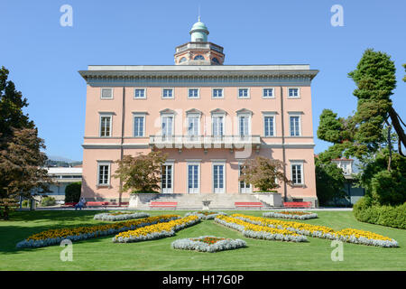 Lugano, Switzerland - 25 august 2016: people walking in front of the villa on Ciani botanical park in the center of Lugano, Swit Stock Photo