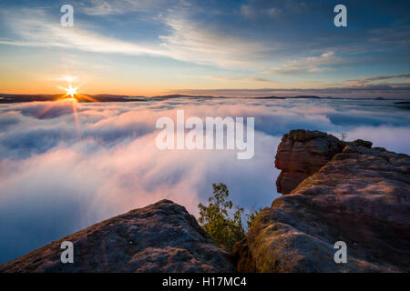 Thick fog is filling the valley of the river Elbe in Elbsandsteingebirge, seen from Lilienstein at sunrise, Königstein, Saxony Stock Photo