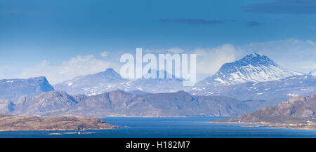 Panoramic Norwegian coastal landscape with sea, sky and mountains Stock Photo