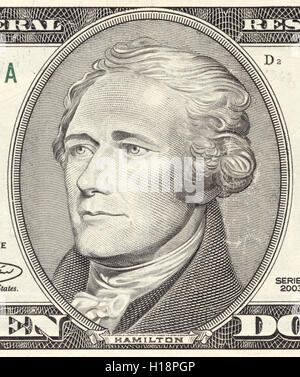 Alexander Hamilton portrait from ten dollar bill close-up. True colours Stock Photo