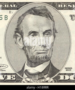 Abraham Lincoln portrait on five-dollar bill, closeup. True colours Stock Photo