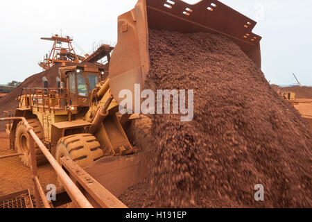 Front end loader loading hopper with lump iron ore from reclaimed stack behind. Ore then passes onto conveyor belt and loaded onto ship in port. Stock Photo